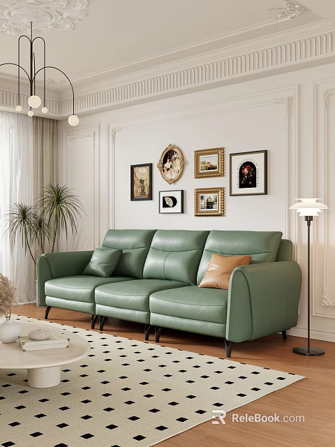 Modern Green Leather Three-Seater Sofa With Wall Decorative Paintings Floor Lamp And Palm Plant 3d model 