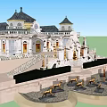 European Style Garden Landscape With Classical Architecture Towers And Golden Deer Statues