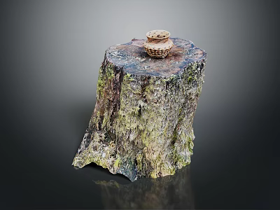 Wooden Tree Stump Decor Piece Featuring Natural Mossy Texture And Small Woven Basket 3d model