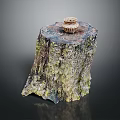 Wooden Tree Stump Decor Piece Featuring Natural Mossy Texture And Small Woven Basket