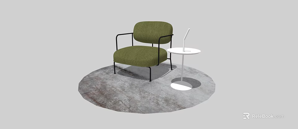 Modern Green Single Sofa with Black Frame and White Side Table on Gray Round Rug 3d model