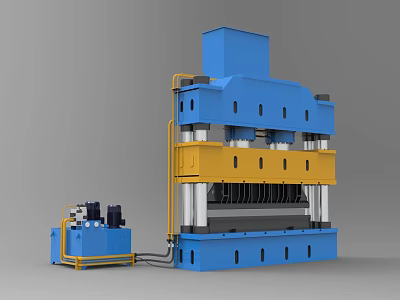 Large Blue And Yellow Industrial Hydraulic Press Machine With Control Unit And Multi Column Design 3d model