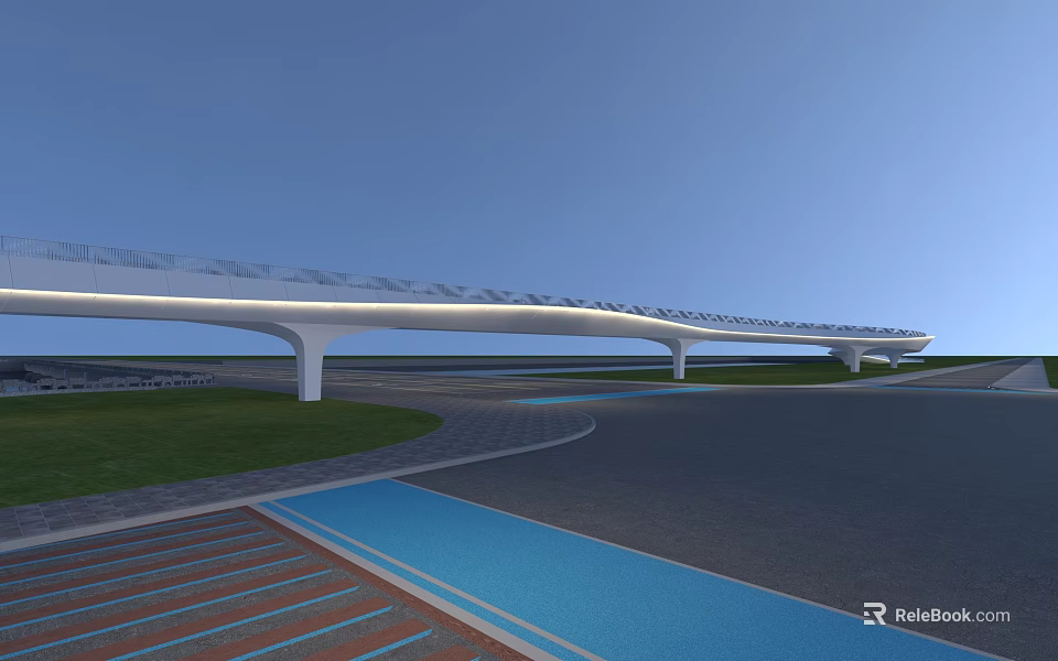 Modern Curved Landscape Bridge With White Structure Over Grassland And Blue Road 3d model 