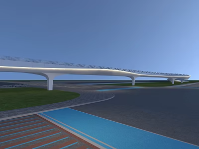 Modern Curved Landscape Bridge With White Structure Over Grassland And Blue Road 3d model