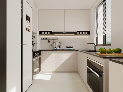 Modern Minimalist Kitchen Interior With White Cabinets Stainless Steel Fridge Oven And Window Blinds 3d model