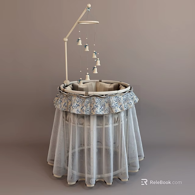 Baby Crib with White Canopy Blue Floral Trim and Hanging Mobile Bells 3d model 