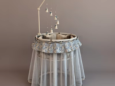 Baby Crib with White Canopy Blue Floral Trim and Hanging Mobile Bells 3d model