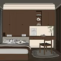 Tatami Bedroom Interior With Brown Cabinets Desk Chair Window And Patterned Rug