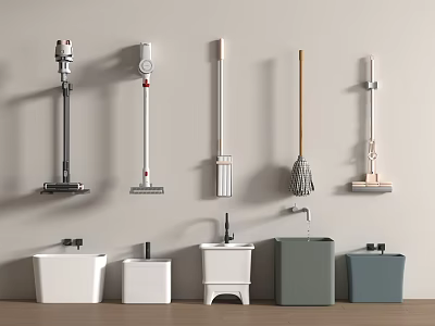 Modern Bathroom Accessories With Wall Mounted Cleaning Tools And Colored Sinks 3d model