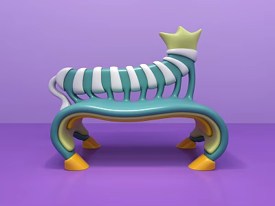 Playful Public Chair With Turquoise And White Stripes Yellow Crown And Yellow Legs 3d model