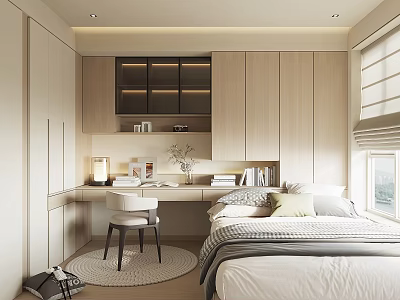 Modern Minimalist Tatami Bedroom With Desk Chair Storage Cabinets And Natural Light 3d model