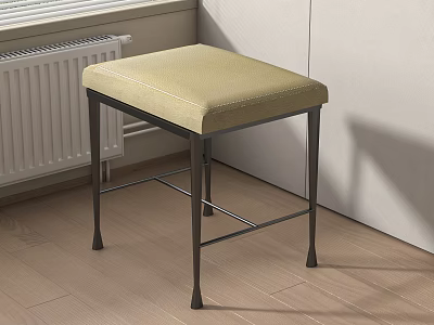 Beige Padded Sofa Stool With Metal Legs Placed In Wooden Floor Room Corner Near Radiator 3d model