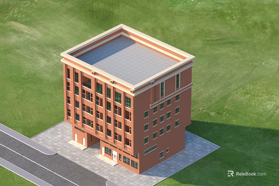 Red Brick Multi Story Detached Villa With Flat Roof Green Lawn And Windows 3d model 