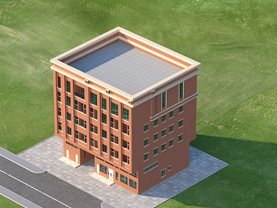 Red Brick Multi Story Detached Villa With Flat Roof Green Lawn And Windows 3d model