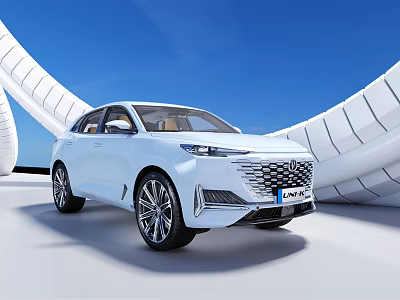 White Lincoln SUV Showcasing Sleek Design Against Modern Architecture And Blue Sky Background 3d model