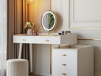 Modern Light Luxury Dressing Table Makeup Stool Dressing Cabinet Makeup Mirror Bedroom Makeup Table Makeup Products Skin Care Products Chandelier Round Carpet Vase Jewelry Ornaments 3d model