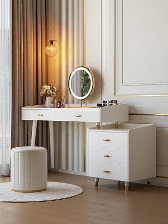 Modern Light Luxury Dressing Table Makeup Stool Dressing Cabinet Makeup Mirror Bedroom Makeup Table Makeup Products Skin Care Products Chandelier Round Carpet Vase Jewelry Ornaments 3d model