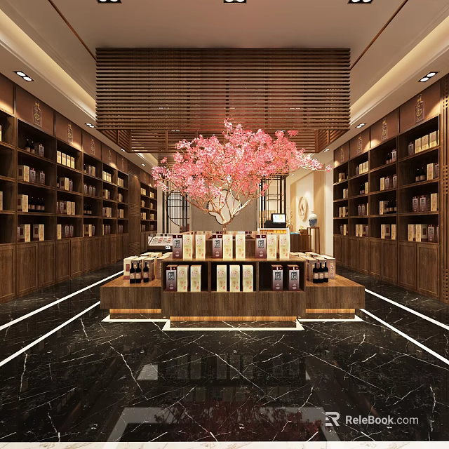 Elegant Liquor and Tobacco Store Interior With Wooden Shelves Central Display And Pink Floral Decoration 3d model 