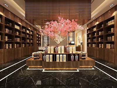 Elegant Liquor and Tobacco Store Interior With Wooden Shelves Central Display And Pink Floral Decoration 3d model