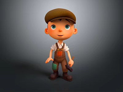 3D Cartoon Boy In Brown Cap White Shirt Overalls With Green Patch And Tool 3d model