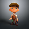 3D Cartoon Boy In Brown Cap White Shirt Overalls With Green Patch And Tool