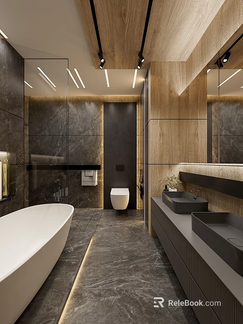 Modern Luxurious Bathroom Interior With White Bathtub Double Sinks Dark Marble And Wooden Walls 3d model 