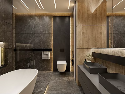 Modern Luxurious Bathroom Interior With White Bathtub Double Sinks Dark Marble And Wooden Walls 3d model