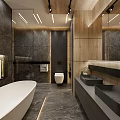 Modern Luxurious Bathroom Interior With White Bathtub Double Sinks Dark Marble And Wooden Walls