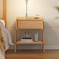 Modern Natural Wooden Nightstand With Lamp Glass Phone Books And Decorative Items