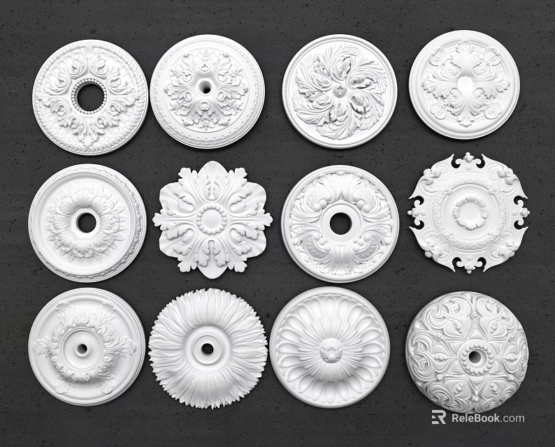 White Decorative Ceiling Medallions With Various Intricate Patterns And Designs 3d model 