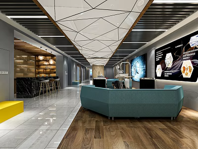 Modern Front Reception Area with Teal Curved Desk Wooden Flooring Geometric Ceiling and Display Screens 3d model