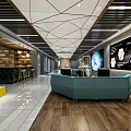 Modern Front Reception Area with Teal Curved Desk Wooden Flooring Geometric Ceiling and Display Screens