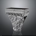 Ornate White Carved Stone Pedestal With Intricate Relief Designs And Square Top