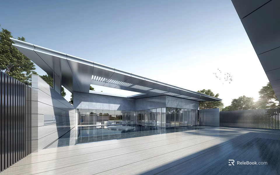 Modern Sales Center With Glass Structure And Water Feature 3d model