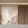 Modern Chinese Sofa Background Wall Interior Design With Landscape Painting And Wooden Panels