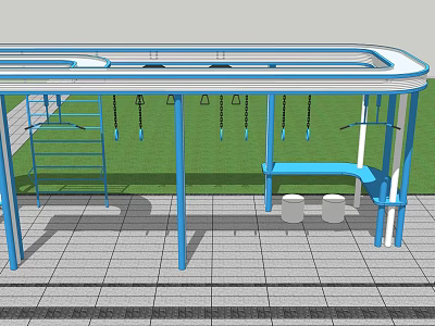Outdoor Sports Equipment Playground With Ladder Swings Rings Bench On Paved Ground And Grass Area 3d model