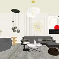 Modern Elegant Living Room Interior With Gray Sofa Crystal Chandelier Artwork Round Ottomans And Plants
