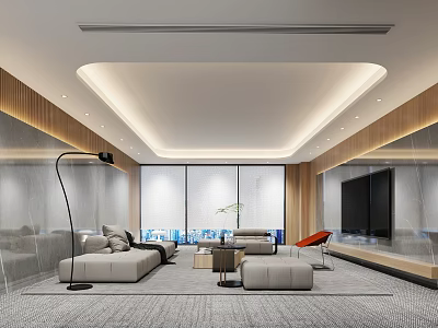 Modern Living Room Interior Design With Large Windows Comfortable Sofa And Gray Carpet 3d model