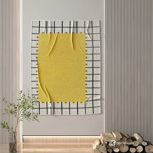 Yellow Square Rug with Black and White Grid Border Soft Texture Home Interior Decor 3d model
