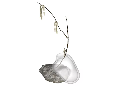 Unique Transparent Vase With Willow Branches And Catkins On Gray Stone Base 3d model
