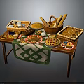 Assorted Breads Cookies Pie Breadsticks and Pastries on Table with Green Tablecloth Trays and Plates
