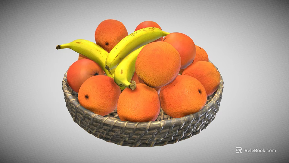 Wicker Basket Filled With Fresh Oranges And Yellow Bananas For Daily Use 3d model 