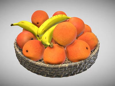 Wicker Basket Filled With Fresh Oranges And Yellow Bananas For Daily Use 3d model