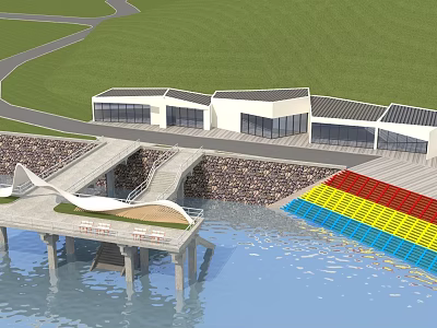 Aerial Planning of Waterfront Modern Buildings with Stone Wall Colorful Platform and Green Area 3d model