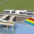 Aerial Planning of Waterfront Modern Buildings with Stone Wall Colorful Platform and Green Area