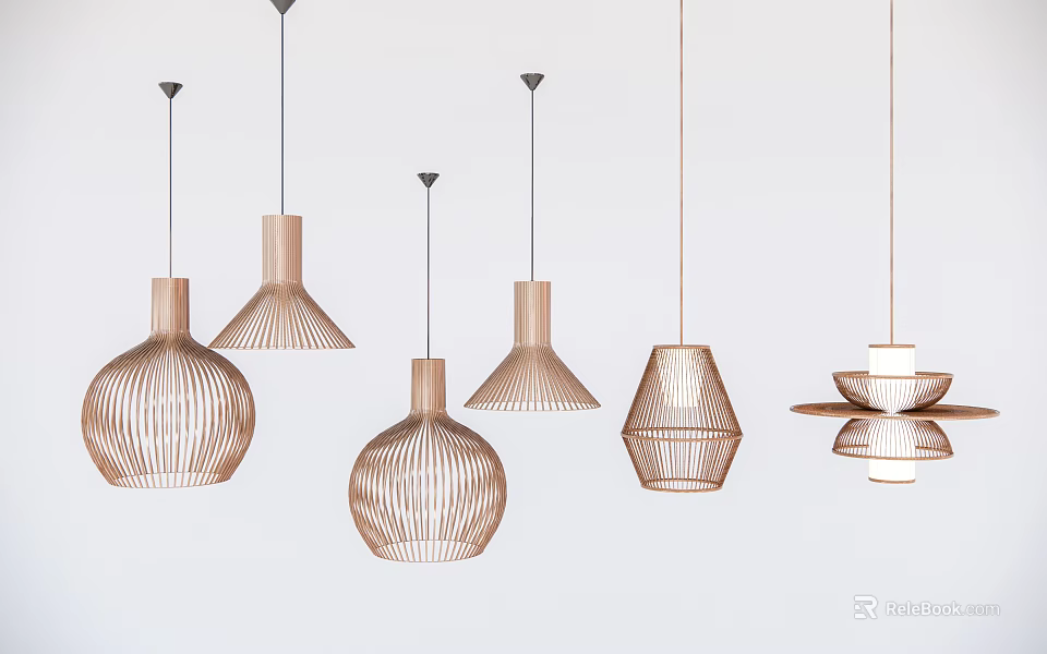 Modern Pendant Lights With Stylish Geometric Woven Wooden Design Elements 3d model