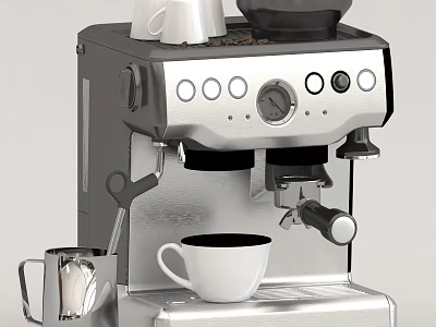 Stainless Steel Espresso Machine With White Cup Milk Frother And Coffee Beans 3d model