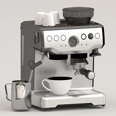 Stainless Steel Espresso Machine With White Cup Milk Frother And Coffee Beans 3d model