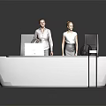 Modern White Curved Reception Desk With Two Female Staff Computer And Telephone