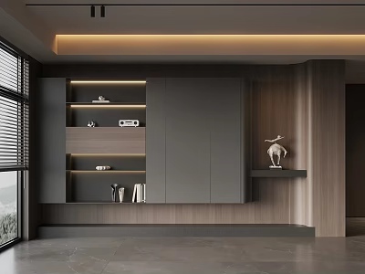 Modern Bookcase Design With Gray Doors And Wooden Display Shelves In Living Room 3d model